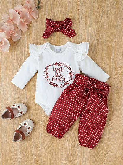 2pcs Baby Girl's Stylish Set, "Isn't She Lovely" Print Long Sleeve Onesie + Polka Dot Pants, Comfy Trendy Outfit