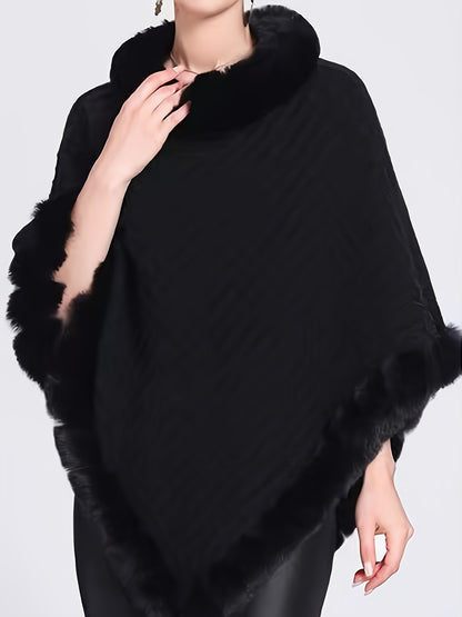 Women's Elegant Cream-Colored Knit Sweater with Faux Fur Trim - High Neck, Batwing Sleeves, Cozy Autumn/Winter Pullover Shawl Cape, Autumn Wardrobe Accessory|High Neck Pullover|Plush Lining