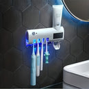 1pc Smart UV Disinfecting Toothbrush Holder with Solar Panel, Wall-Mounted 4-Slot Toothbrush Sanitizer and Squeegee Toothpaste Dispenser, Automatic Power-Off, Bathroom Accessory, No-Drill Installation, USB Rechargeable Lithiu