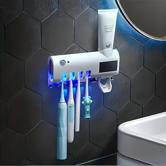 1pc Smart UV Disinfecting Toothbrush Holder with Solar Panel, Wall-Mounted 4-Slot Toothbrush Sanitizer and Squeegee Toothpaste Dispenser, Automatic Power-Off, Bathroom Accessory, No-Drill Installation, USB Rechargeable Lithiu