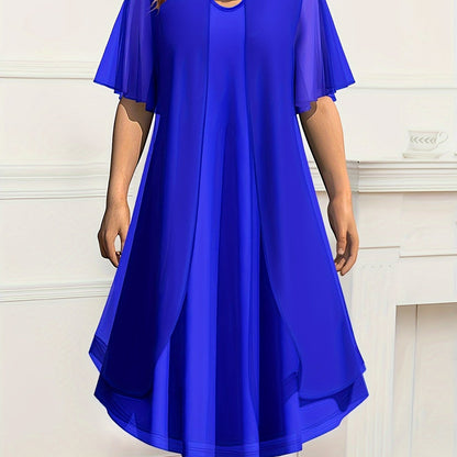 Elegant Plus Size Chiffon-Look Dress for Women - Crew Neck, Short Sleeve with Metallic Detail, Perfect for Spring/Summer/Fall