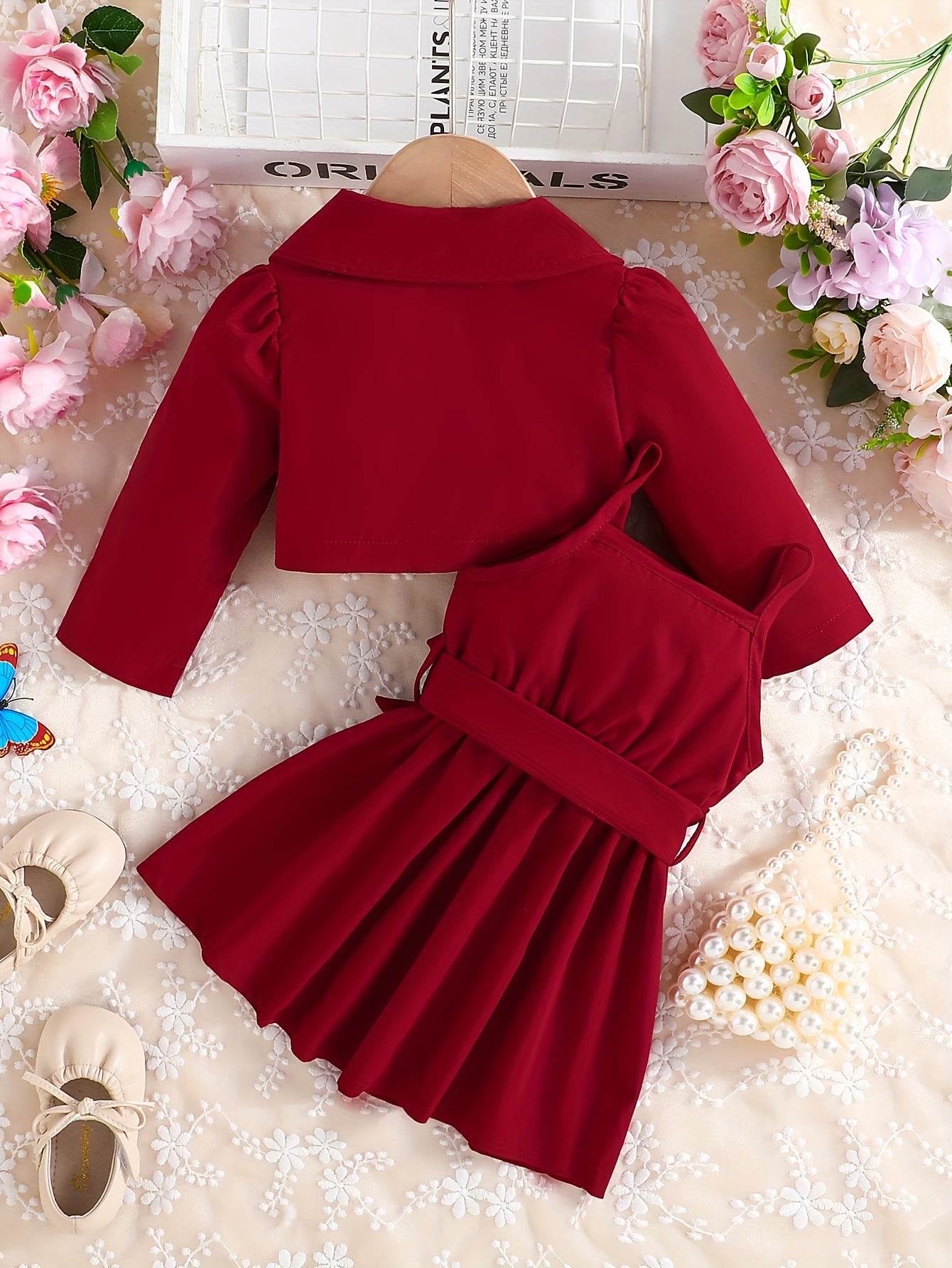 Baby Girls Fashion Button Long Sleeve Lapel Collar Coat + Bow Pleated Suspender Skirt Two-piece Set Outdoor Clothing