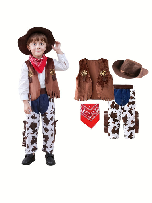 Cowboy Costume For Boys, 4pcs Set, Boy's Dress Up Birthday Party Halloween Cosplay Outfits Set, Outdoor Cloth