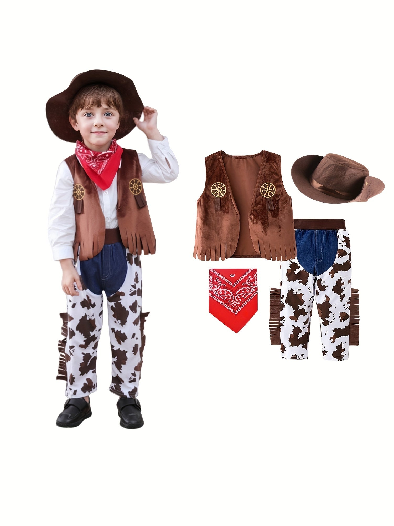 Cowboy Costume For Boys, 4-piece Set, Boy's Dress-Up Birthday Party Halloween Cosplay Outfits Set, Outdoor Clothing