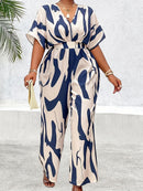Plus Size, Women's Plus Size Batwing Sleeve Belted Print Jumpsuit