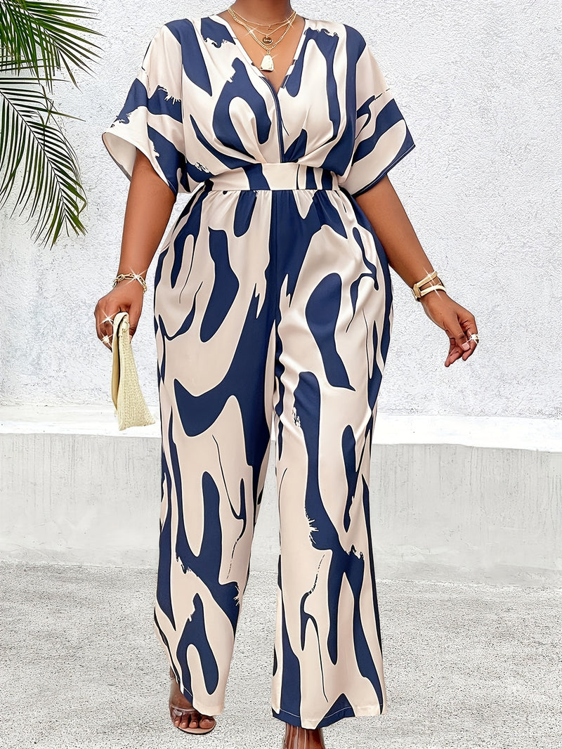 Plus Size, Women's Plus Size Batwing Sleeve Belted Print Jumpsuit