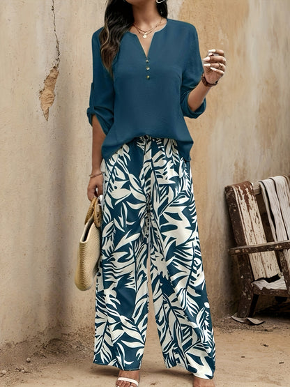 Conjunto de top y pantalón de manga larga con diseño elegante de primavera-verano