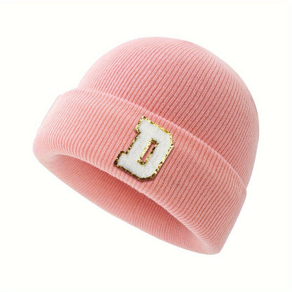 1pc Children's Knitted Hat with 26 Alphabet Letters, Pink Acrylic Stretchable Cap for Toddlers, Hand Washable, Breathable, Daily & Casual Wear, Perfect for Birthday Occasion