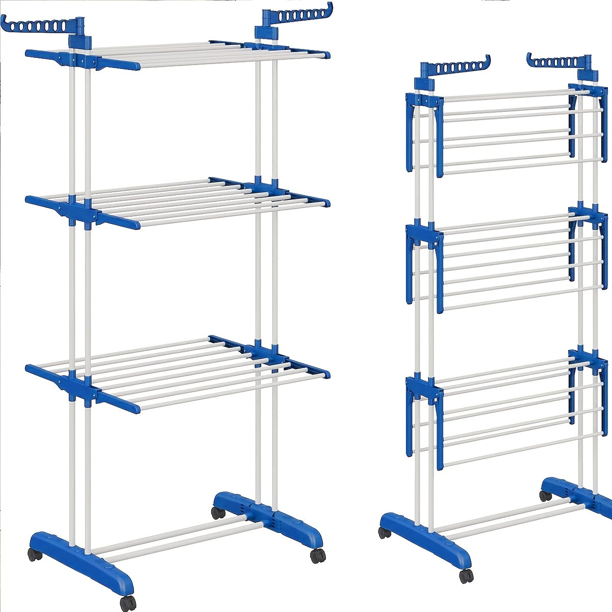 3-Tier Foldable Clothes Drying Rack with Wheels - Durable Metal & Plastic, Space-Saving Design for Indoor/Outdoor Use, Easy Assembly, Drying Racks