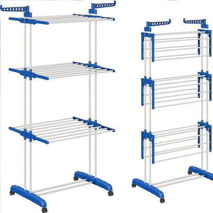 3-Tier Foldable Clothes Drying Rack with Wheels - Durable Metal & Plastic, Space-Saving Design for Indoor/Outdoor Use, Easy Assembly, Drying Racks