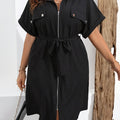 Elegant Plus Size Black Dress for Women - Summer Long Dress with Batwing Sleeves, Front Zipper, and Tie Waist
