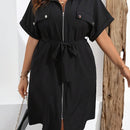 Elegant Plus Size Black Dress for Women - Summer Long Dress with Batwing Sleeves, Front Zipper, and Tie Waist