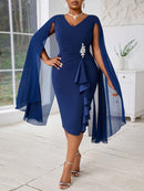 Plus Size, Women's Fashionable and Elegant Batwing Sleeve Mesh Splicing Plus Size Wrap Dress