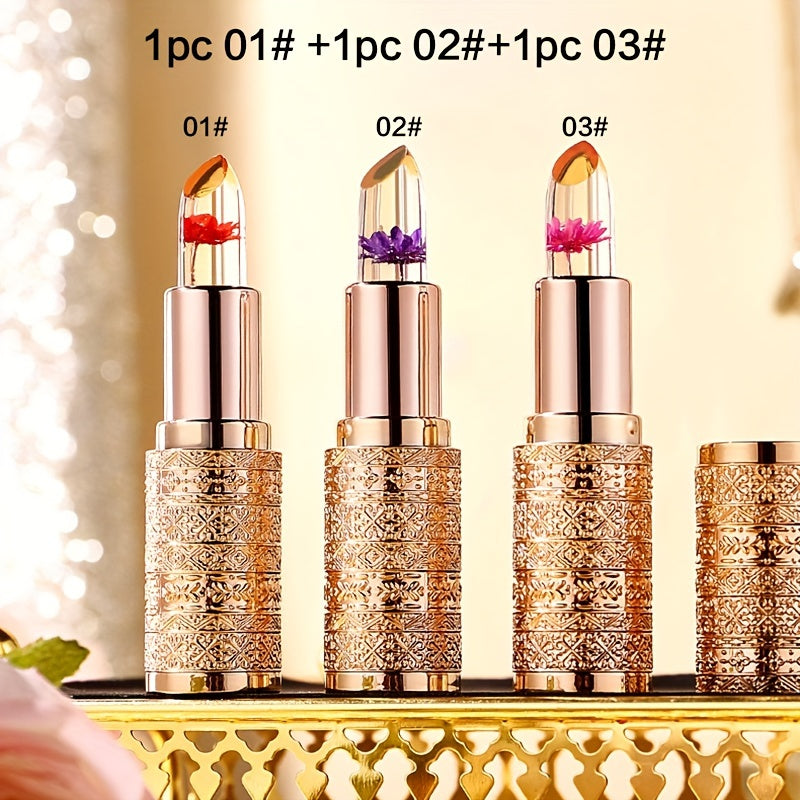 3pcs Hypoallergenic Petal Color-Changing Lip Balm with Vitamin E - Long-Lasting, Moisturizing, Temperature-Sensitive Lipstick in Metallic Tubes, Perfect Mother's Day Gift for Women