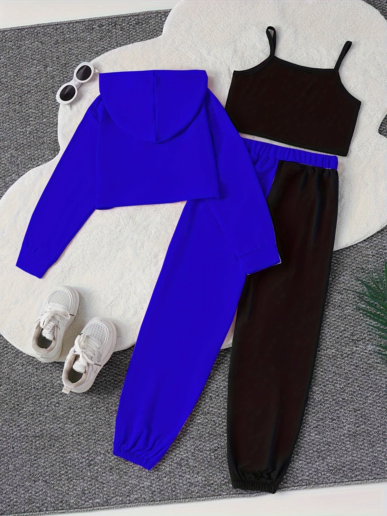 Color Clash 3pcs Girls casual outdoor clothing Set, Long Sleeve Crop Hoodie Top + Camisole + Trousers - Spring/Fall Clothes, Casual Outfit, Gift