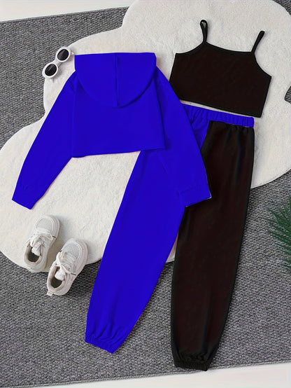 Color Clash 3pcs Girls casual outdoor clothing Set, Long Sleeve Crop Hoodie Top + Camisole + Trousers - Spring/Fall Clothes, Casual Outfit, Gift
