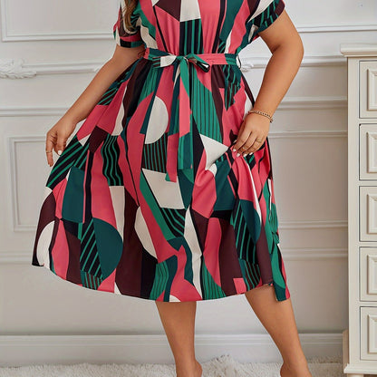 Vestido con estampado tropical y mangas murciélago, talla grande, escote en V, cintura con cinturón, poliéster ligero, lavable a máquina, ideal para vacaciones de verano. Vestidos de verano de talla grande.