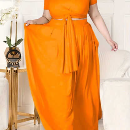 Plus Size Women's Solid Color Cross Tie Maxi Skirt Set, Casual Polyester Knit Dress with Short Sleeves, Round Neck, Pullover, Elastic Fabric, Fashionable Two-Piece Outfit