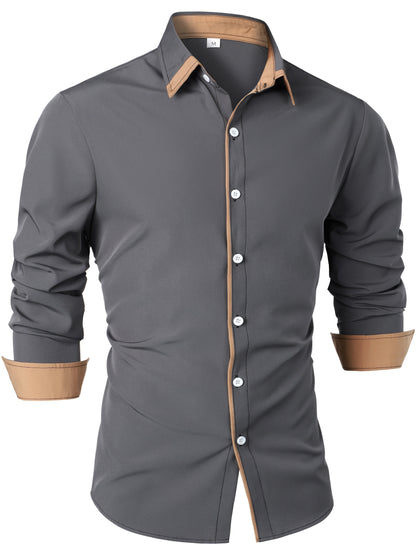 Mature Style Men's Casual Trim Contrast Button Long Sleeve Shirt, Spring Fall