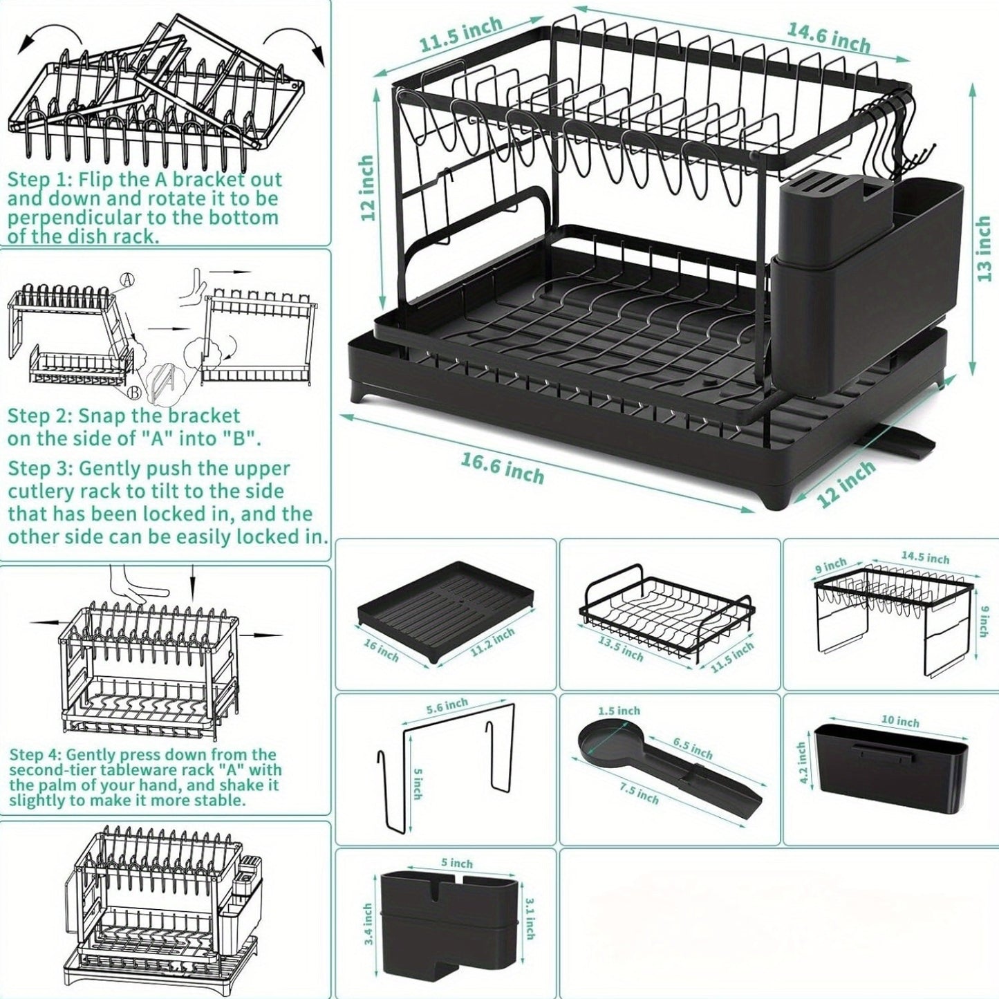 2 Tier Stainless Steel Dish Drying Rack with Drainboard, Adjustable Dish Drainer for Kitchen Counter with Utensil Holder and Cup Rack – Rotatable Drainage System
