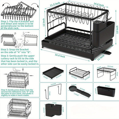 2 Tier Stainless Steel Dish Drying Rack with Drainboard, Adjustable Dish Drainer for Kitchen Counter with Utensil Holder and Cup Rack – Rotatable Drainage System