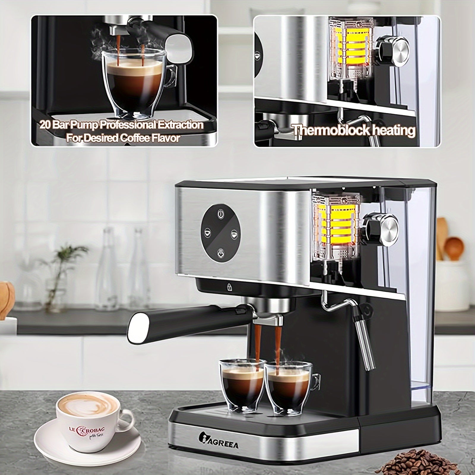 Espresso Machine, 20 Bar Expresso Coffee Machine, 1.5L Removable Water TankSemi-Automatic Coffee Machine With Steam Wand For Espresso, Latte, And Cappuccino, 1050W(FREE Add Plug Adapter)