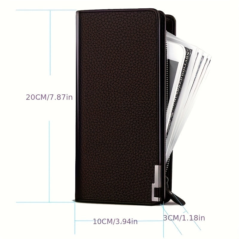 Elegant Black PU Leather Men's Wallet - Large Capacity Clutch with Zipper Closure, Color Block Design, Multiple Card Slots and Polyester Lining