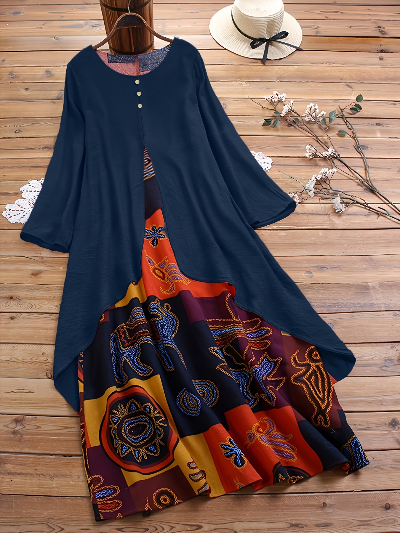 Plus Size 2-in-1 Graphic Print Dress, Casual Button Decor Crew Neck Long Sleeve Dress For Spring, Women's Plus Size Clothing
