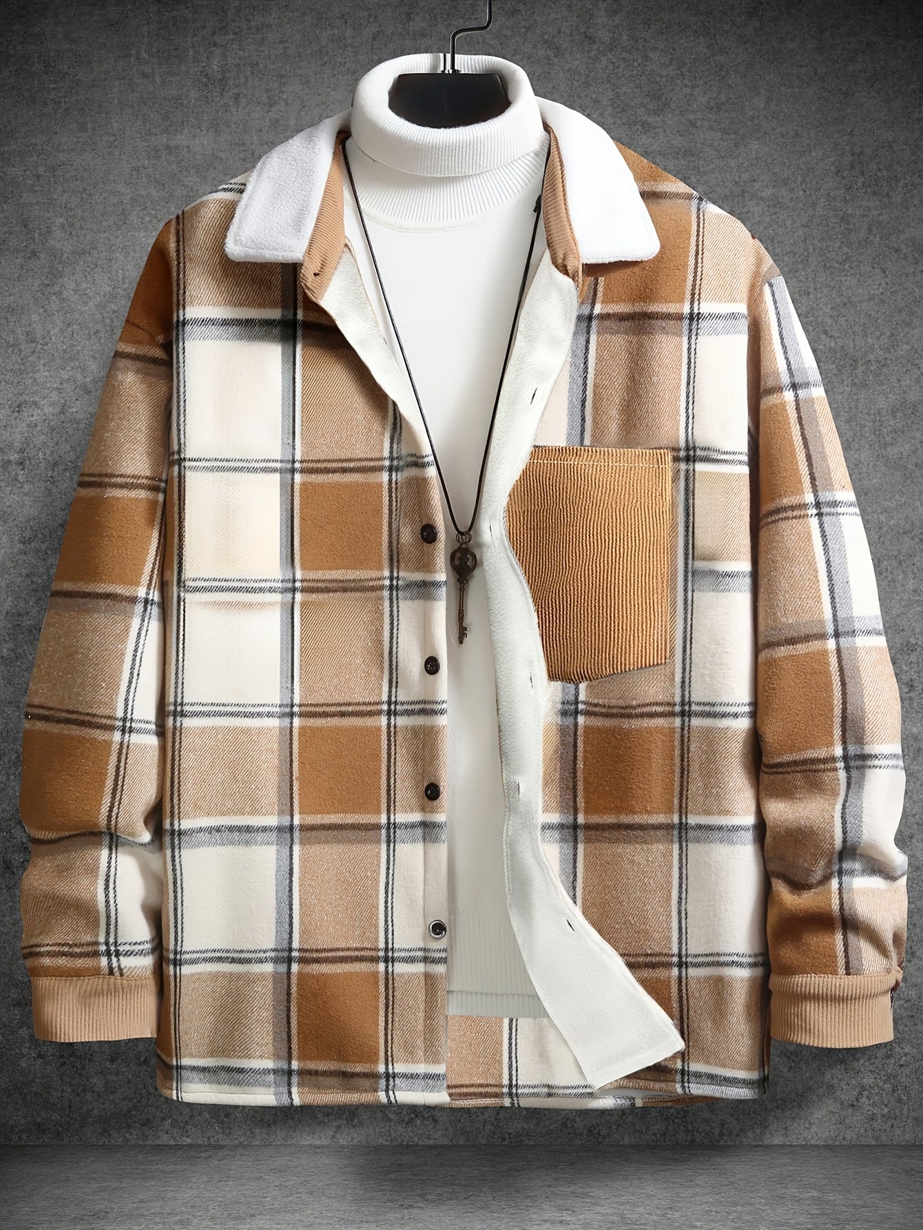1pc Men'S Casual Plaid Fleece Jacket, Thickened Outerwear with Button Closure, Polyester Fabric, Non-Stretch, Regular Fit, Autumn/Winter Season, Solid Color Pocket Detail