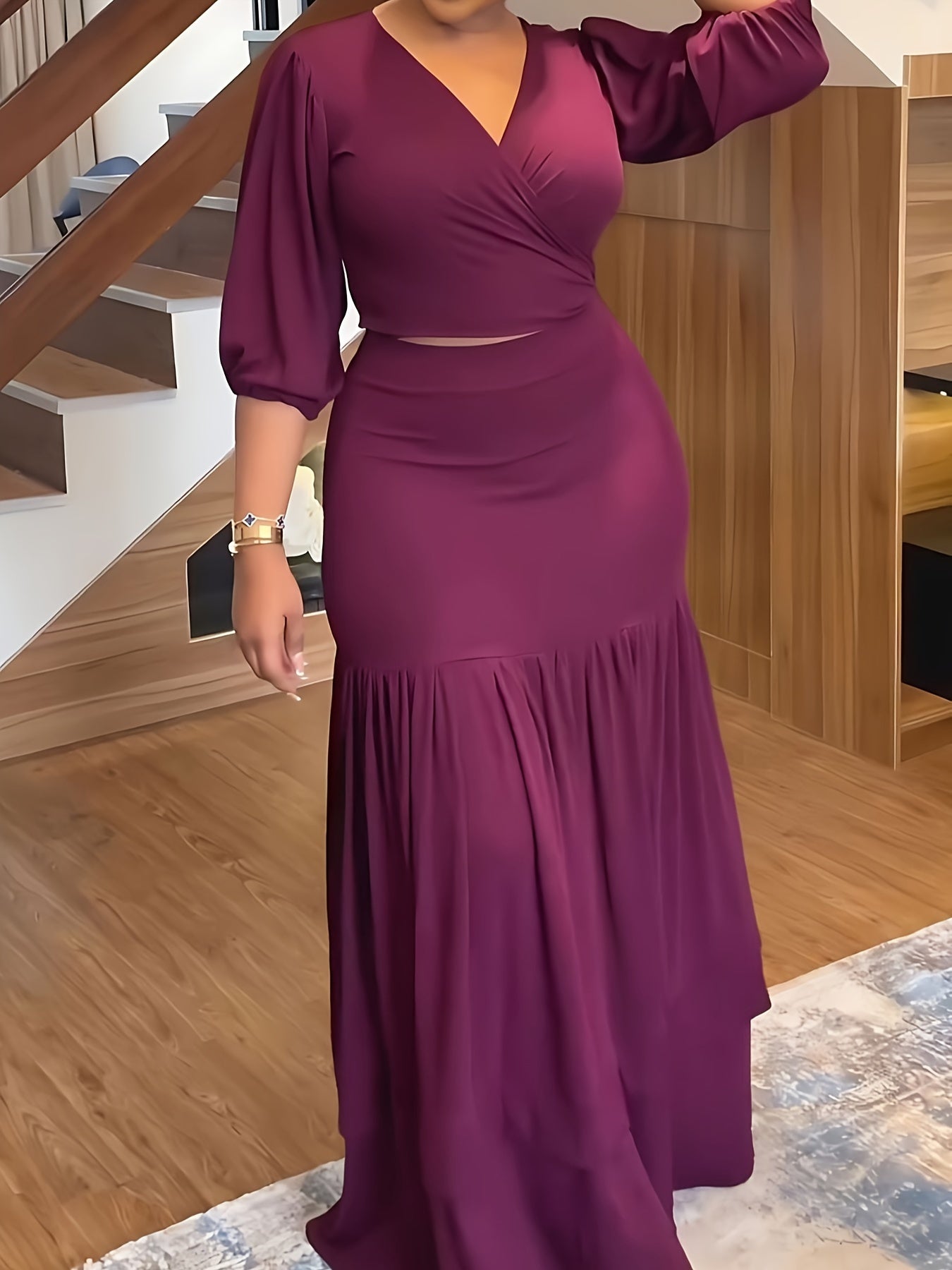 Plus Size Solid Color Casual V-Neck Long Sleeve Set