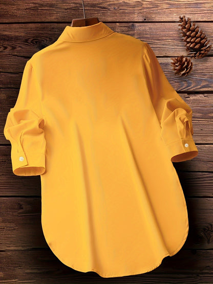 Blusa de talla grande con dobladillo curvo, informal, con cuello abotonado para primavera, ropa de talla grande para mujer.