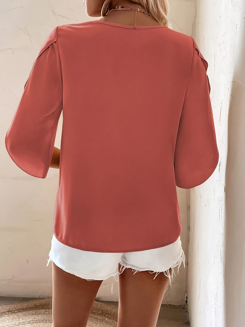 Solid Color Asymmetrical Neckline Straight Hem Blouse with Ruffle Sleeves