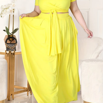 Plus Size Women's Solid Color Cross Tie Maxi Skirt Set, Casual Polyester Knit Dress with Short Sleeves, Round Neck, Pullover, Elastic Fabric, Fashionable Two-Piece Outfit