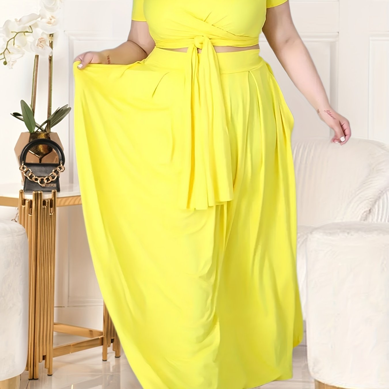 Plus Size Women's Solid Color Cross Tie Maxi Skirt Set, Casual Polyester Knit Dress with Short Sleeves, Round Neck, Pullover, Elastic Fabric, Fashionable Two-Piece Outfit