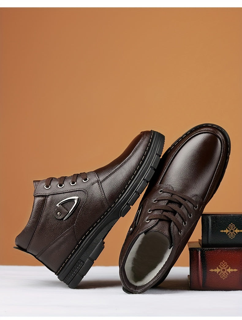 Men's Leather Boots, Winter Thermal Shoes, Windproof Hiking Boots With Fuzzy Lining
