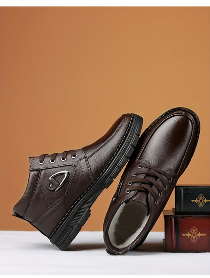Botas de cuero para hombre, calzado térmico de invierno, botas de senderismo cortavientos con forro afelpado