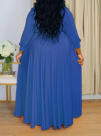 Plus Size Solid Color Tie Waist Dress, Elegant Long Sleeve Surplice Neck Maxi Dress For Spring & Fall, Women's Plus Size Clothing