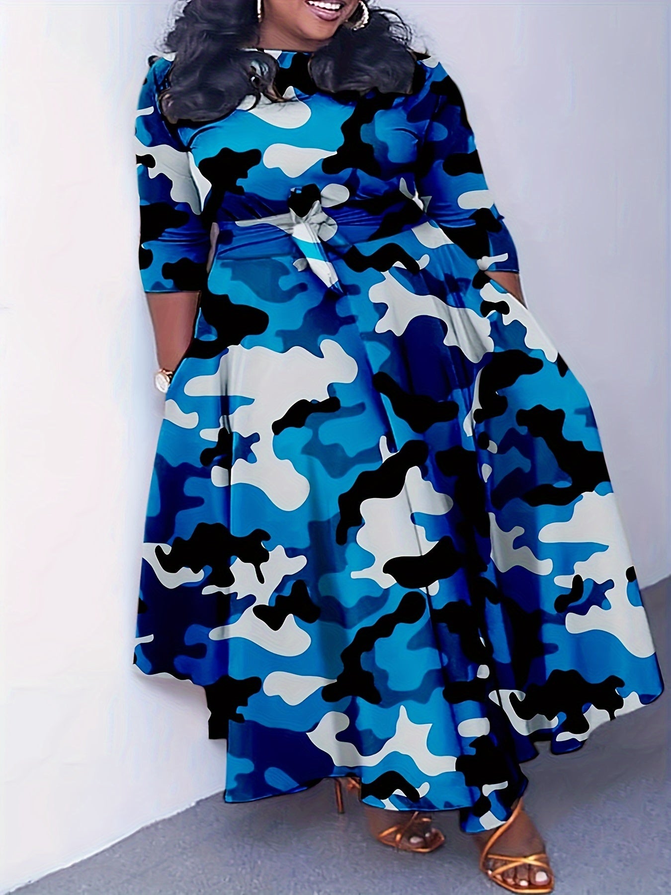 Elegante vestido de poliéster de talla grande con cinturón: cuello redondo elástico cómodo, estilo informal para el fin de semana, dobladillo recto, silueta grande con bolsillos, manga corta, tejido de punto jersey para primavera, verano y otoño.