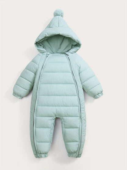 Infant's Winter Padded Onesie, Casual Hooded Coat With Pom-Pom, Zip-Front Warm Jumpsuit, Toddler & Infant's Outdoor Clothing