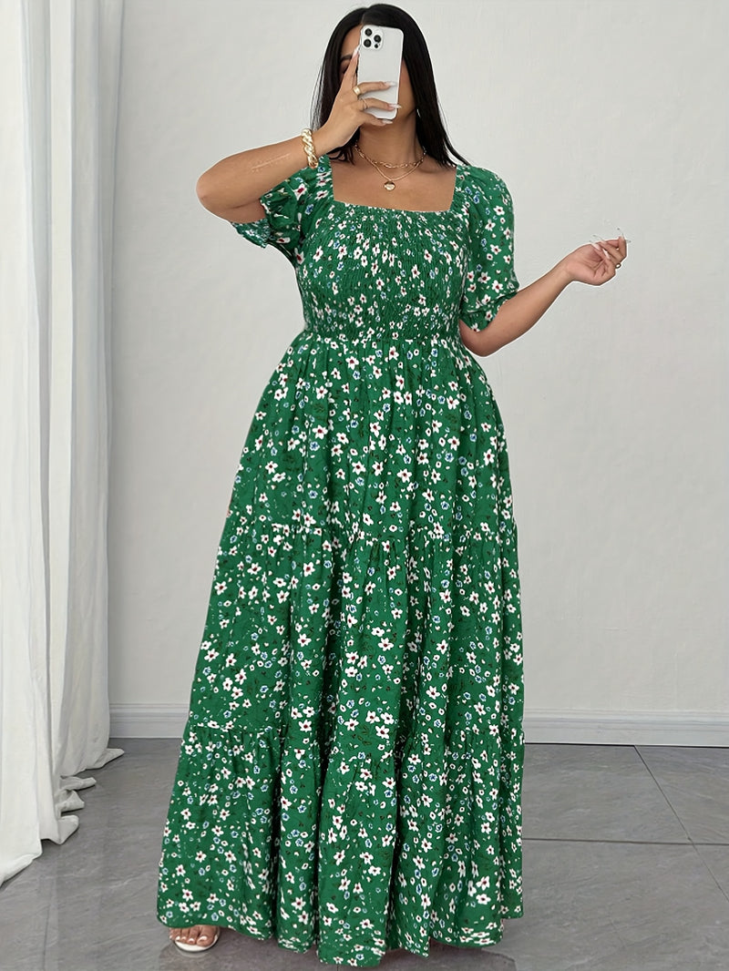 Women's Summer Square Neck Elastic Waist Floral Print Puff Sleeve A-Line Maxi Dress - Lightweight Breathable Machine Washable Plus Size Flowy Long Dress for Beach Vacation & Casual Outings, Beach Dresses