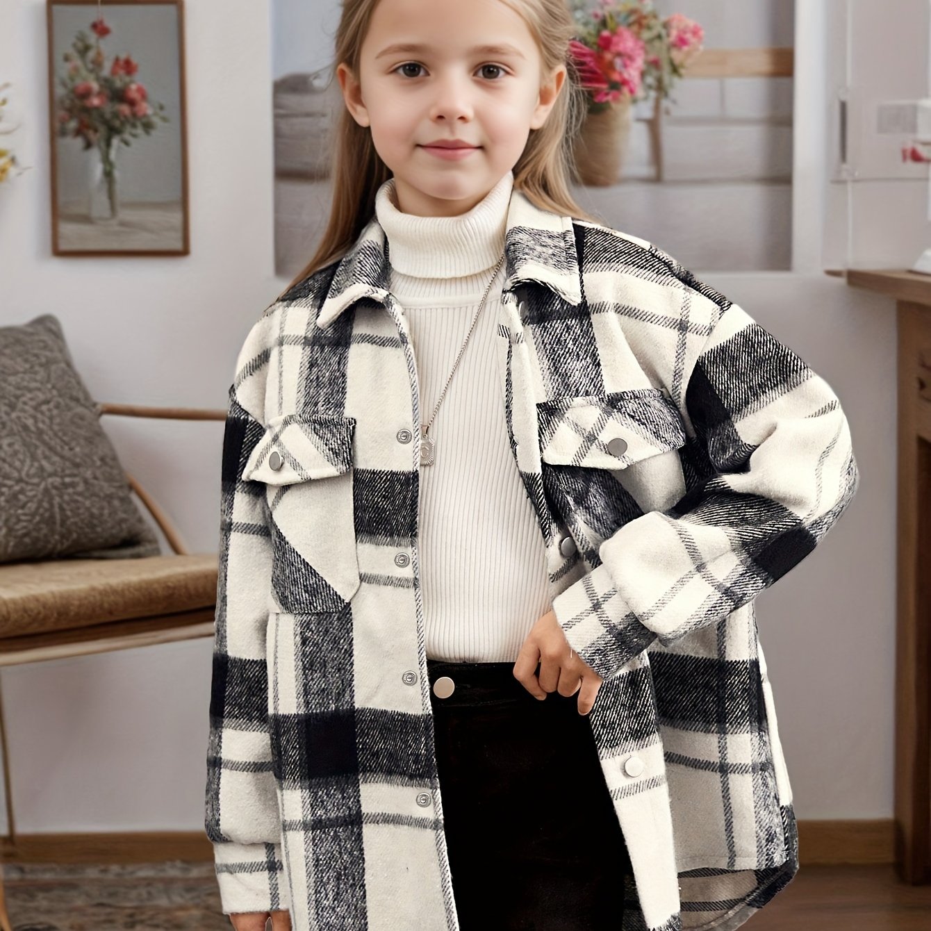 Girls Trendy & Stylish Long Sleeve Plaid Pattern Button Up Corduroy Coat With Pockets For Spring & Fall & Winter Outdoor Activities