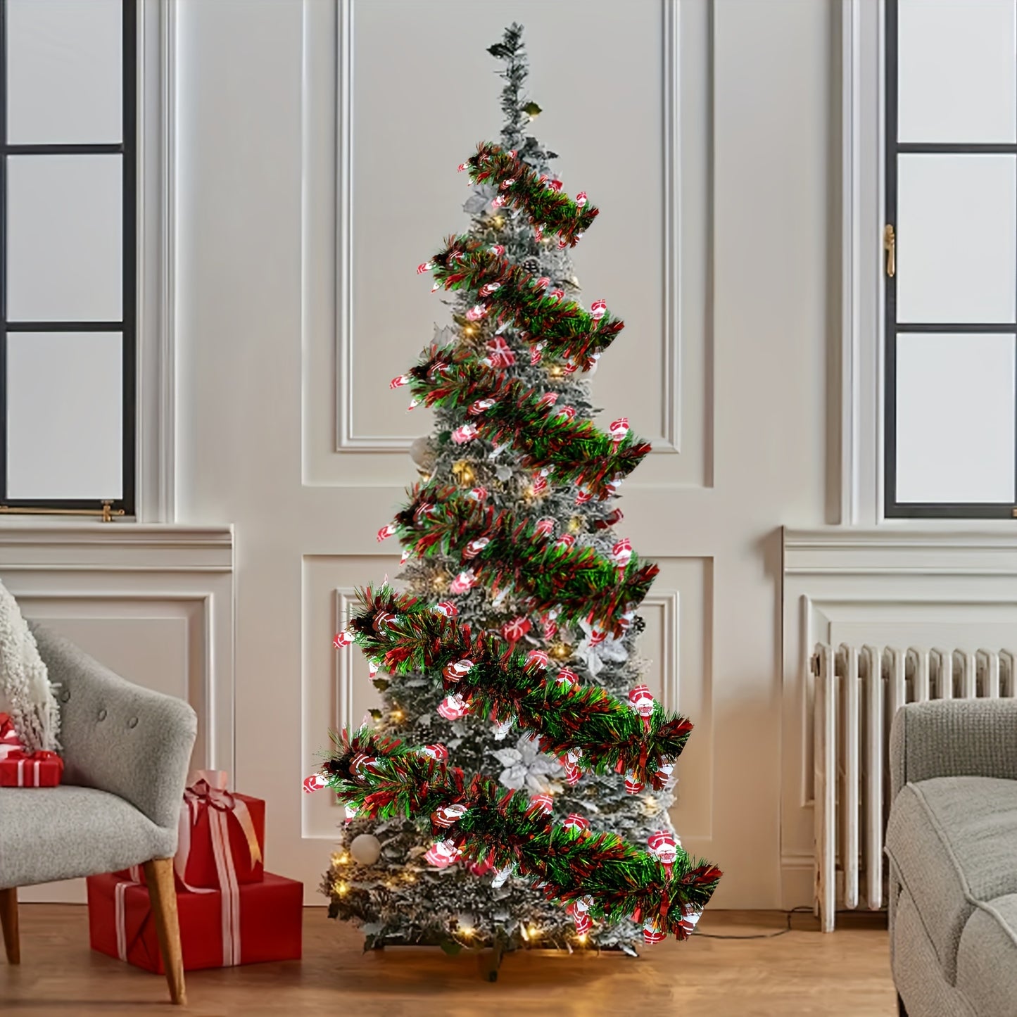 4.98meter Red & Green Metallic Twist Tinsel Garland with Shiny Ornaments, Plastic Christmas Tree & Party Supplies, Indoor & Outdoor Festive Decor, No Power Required