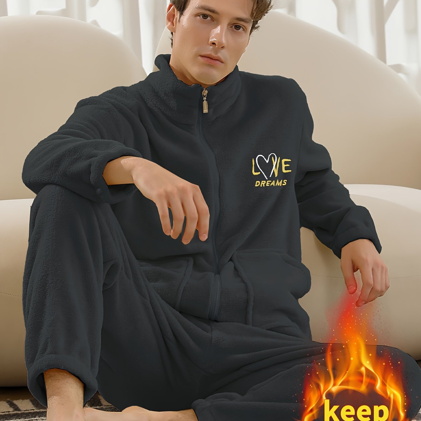 Conjunto de pijama de hombre con camiseta y pantalón de franela con bordado de letras, cuello alto, cremallera y manga larga para otoño e invierno.