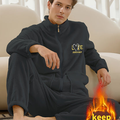 Conjunto de pijama de hombre con camiseta y pantalón de franela con bordado de letras, cuello alto, cremallera y manga larga para otoño e invierno.