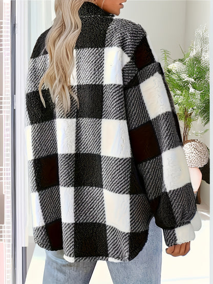 Elegant Plush Winter Jacket - Polyester and Elastane, Checkered Pattern, High Stretch Fabric, Machine Washable, Knitted Style