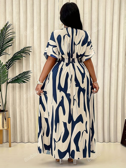 Plus Size Allover Print Surplice Neck A-line Dress, Elegant Short Sleeve Ankle Length Dress For Spring & Summer, Women's Plus Size Clothing