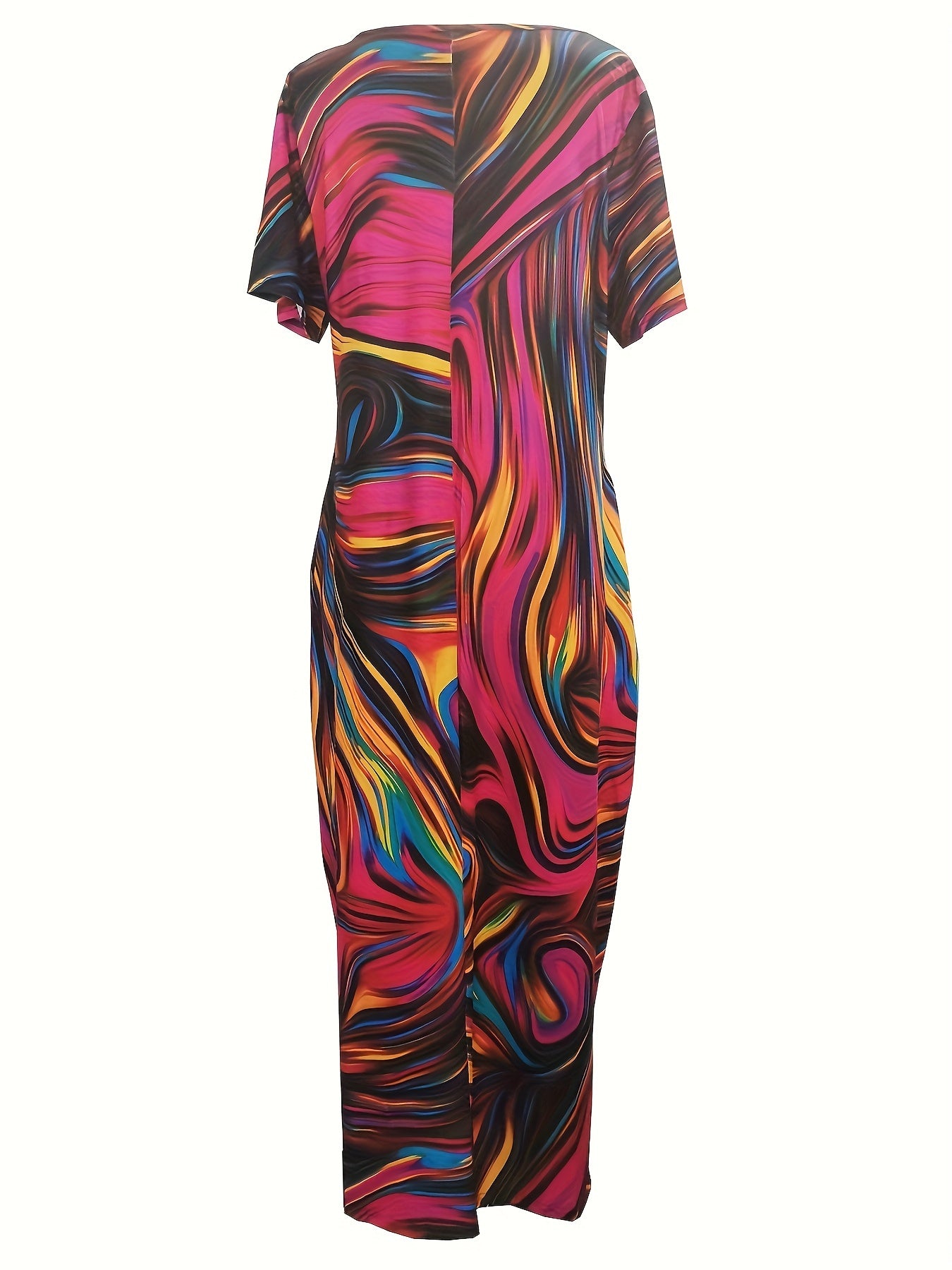 [1pc Plus Size Geometric Print Maxi Dress] 1pc Plus Size Geometric Print Maxi Dress, Stretchy Polyester Knit, Round Neck, Short Sleeve, Casual Loose Fit with Pockets, All-Season Versatile Style