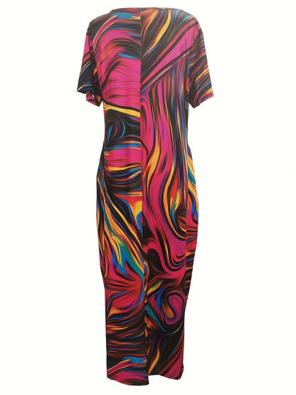 [1pc Plus Size Geometric Print Maxi Dress] 1pc Plus Size Geometric Print Maxi Dress, Stretchy Polyester Knit, Round Neck, Short Sleeve, Casual Loose Fit with Pockets, All-Season Versatile Style