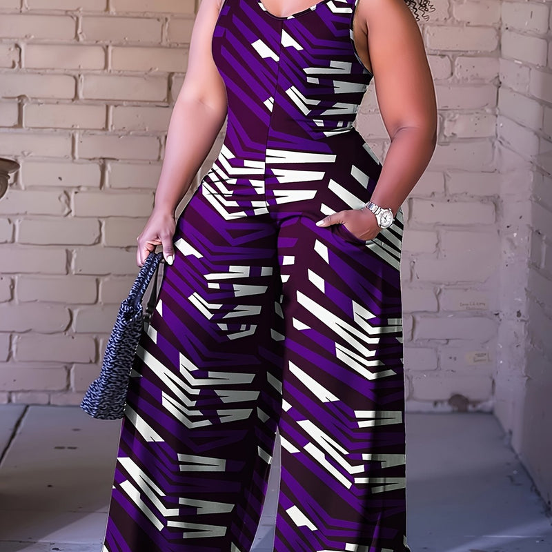 Plus Size, Plus Size Women's Sleeveless V-Neck Geometric Striped Jumpsuit - Wide-Leg Beach Vacation Outfit, Green Yellow White Purple Casual Elegance, Machine Washable All-Season Wear, Beach Clothes, Summer Wardrobe, Elegant