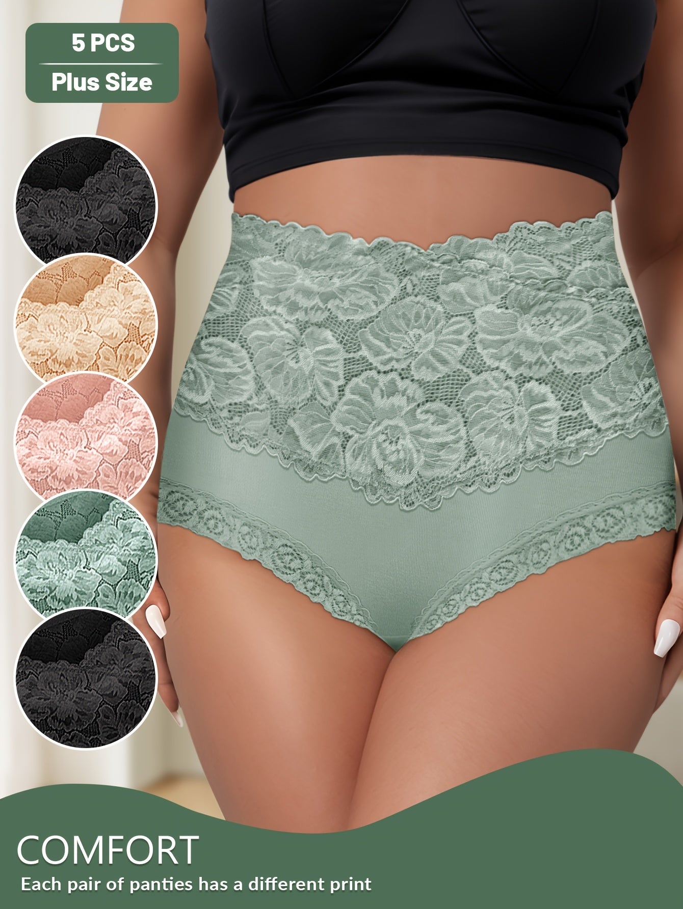 5-Pack MEIYATING Plus Size High-Waisted Tummy Control Briefs, Elegant Cotton Lace-Trimmed Floral Pattern, Medium Stretch Knit Fabric, Full Coverage Underwear for Women